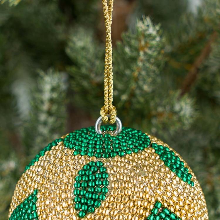 Ёлочная игрушка Шар с узором из золотого и зелёного бисера, XS Beads Ball Gold And Green 7 cm