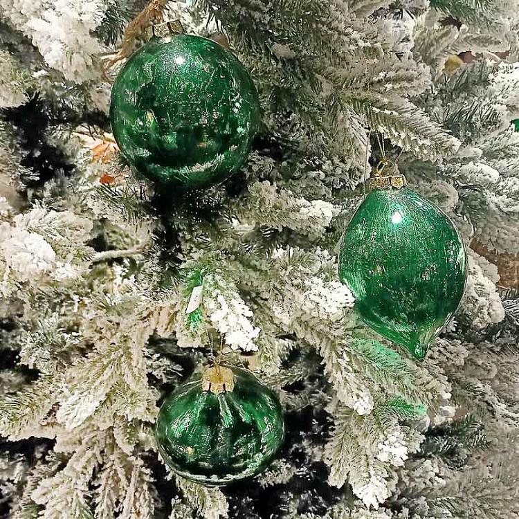Набор из трёх зелёных металлизированных ёлочных шаров Скреч дисконт Set Of 3 Glass Metal Scratched Balls Green 10 cm discount