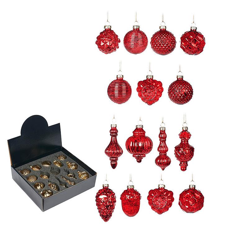 Набор из 15 стеклянных ёлочных игрушек красного цвета Set Of 15 Glass Antique Ball Pinecones Red 5 cm