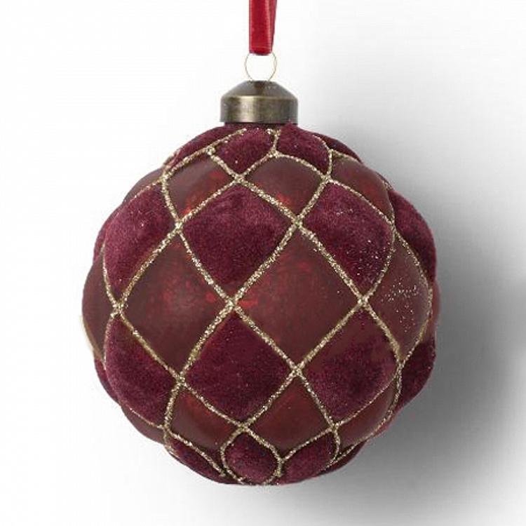 Ёлочная игрушка Бордовый шар с бархатными клетками Velvet Ball Burgundy 10 cm