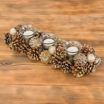 3 Votives Holder With Pinecones Gold