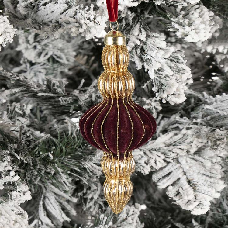 Новогодняя подвеска Золотистая с бордовым бархатом Gold Pendant With Burgundy Velvet 15 cm