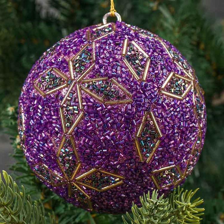 Фиолетовый ёлочный шар с бисерным орнаментом, M Bead Ornament Ball Purple 9 cm