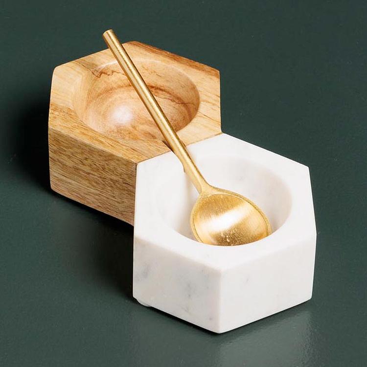 Набор для специй из мрамора и дерева манго Set Of 2 Salt And Pepper Marble And Mango Wood