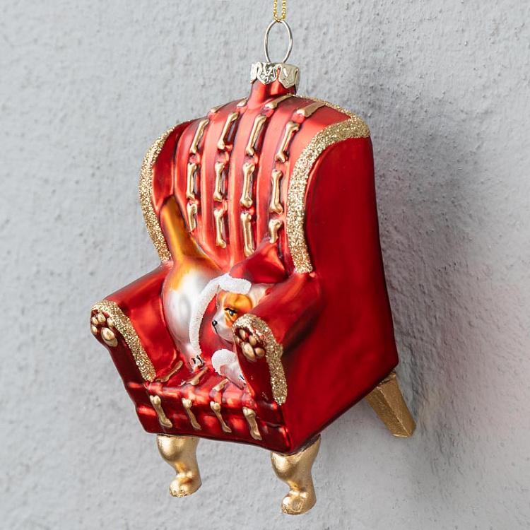 Ёлочная игрушка Собака в кресле Glass Xmas Dog In Sofa Chair Red 11 cm