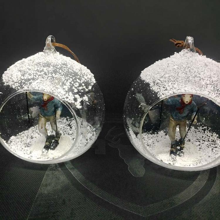 Набор из двух ёлочных шаров Лыжники-олени дисконт1 Set Of 2 Xmas Skiing Deers Blue/Blue 10 cm discount1