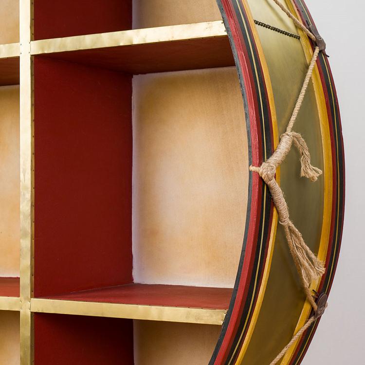 Деревянный стеллаж в виде барабана с латунным обрамлением на подставке, L Regiment Brass Drum Bookcase Large With Stand