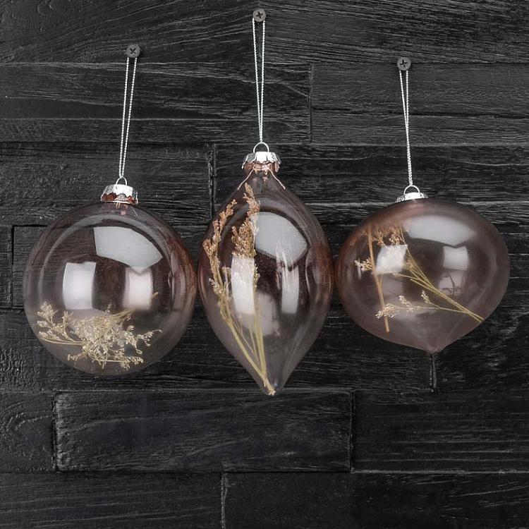 Набор из 3-х прозрачных ёлочных шаров с сухоцветами внутри Set Of 3 Glass Dried Flower Balls Clear/Brown 10 cm