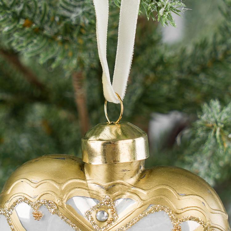 Ёлочная игрушка Белое сердце с золотистым рисунком и стразами White Golden Pattern And Rhinestones Heart White 8 cm