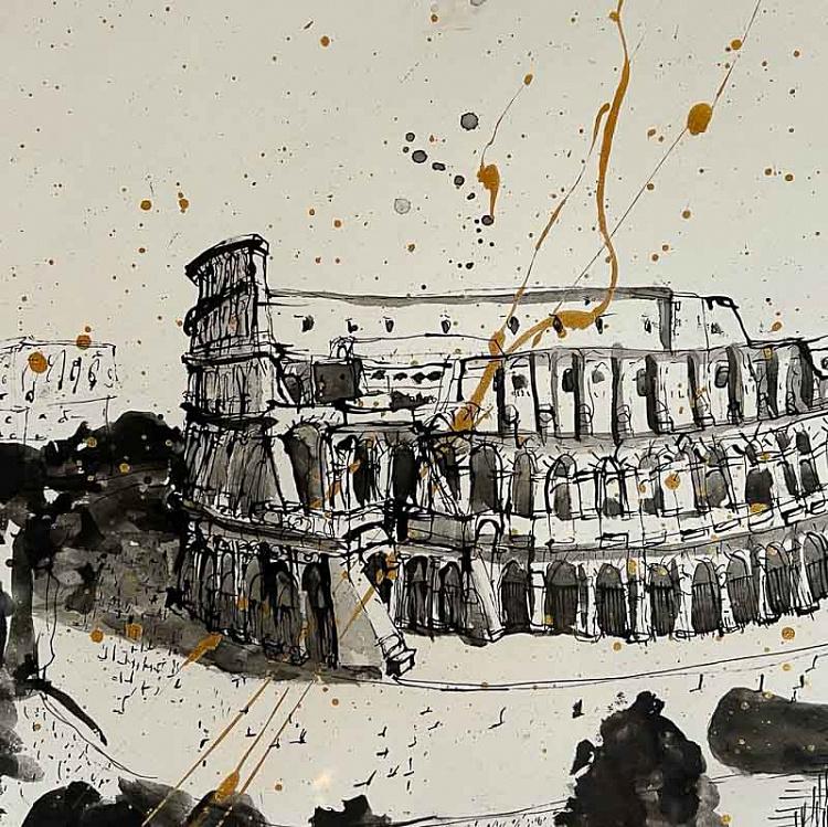 Рисунок тушью с золотом Колизей Colosseo Drawing With Gold