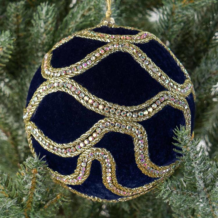 Gold Ornament Velvet Ball Dark Blue 12 cm