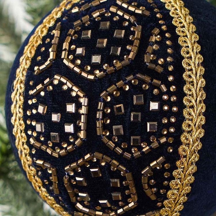 Ёлочная игрушка Текстильный шар индиго с золотистым узором Gold Pattern Textile Ball Indigo 9 cm