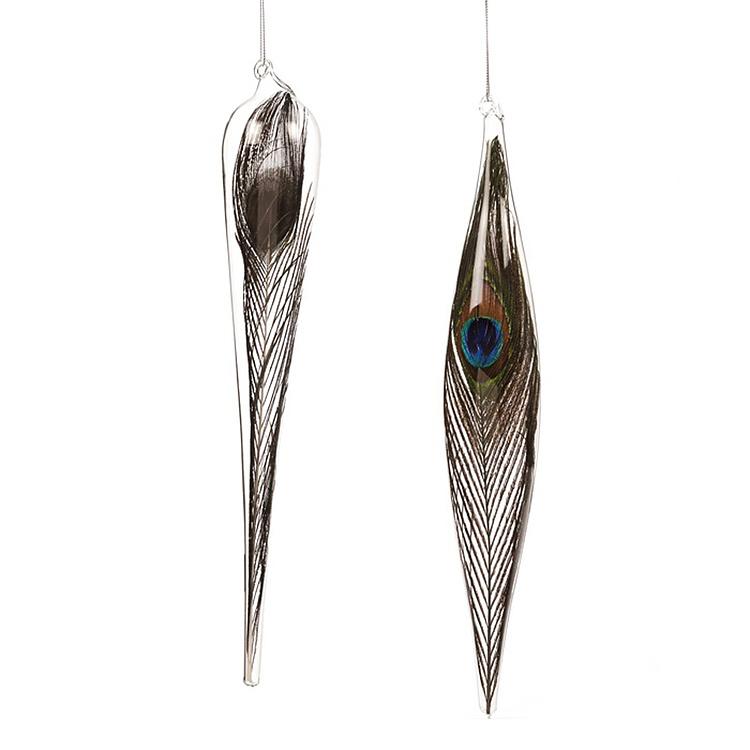 Набор из двух ёлочных игрушек с пером павлина внутри Set Of 2 Glass Peacock Plume Icicle Drop 30 cm