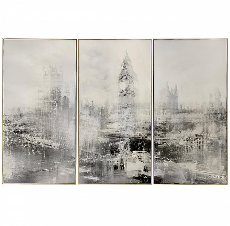 Модульная картина-принт Туманный город Set Of 3 Prints With Gold Frame Foggy City