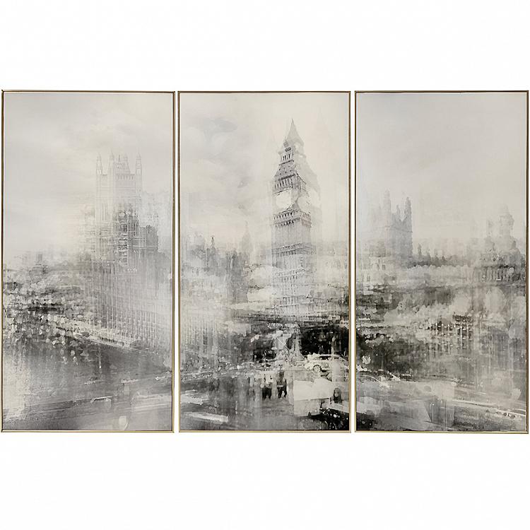 Set Of 3 Prints With Gold Frame Foggy City