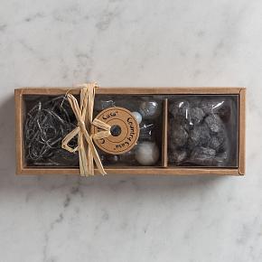 Kraft Box With Glass Bowls, Silver Stones And Wood Chips