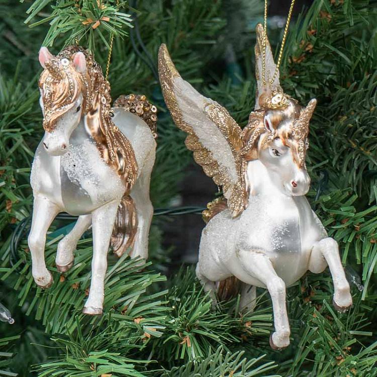 Набор из 2-х ёлочных игрушек Фэнтезийные единороги Set Of 2 Glass Fantasy Unicorns White/Gold 15 cm