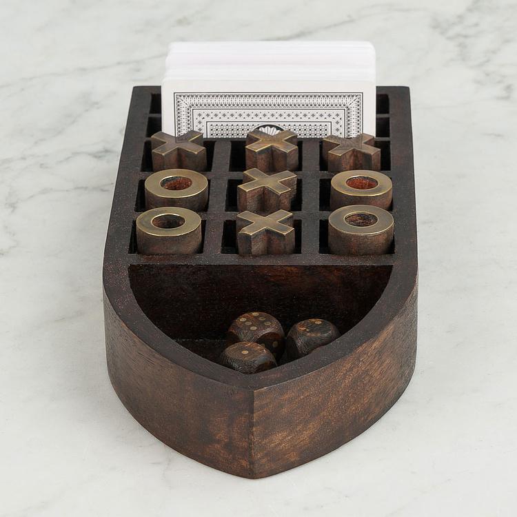 Набор из игральных карт, костей и Крестики-нолики в деревянной подставке Cards, Tic Tac Toe And Dices In Boat Box