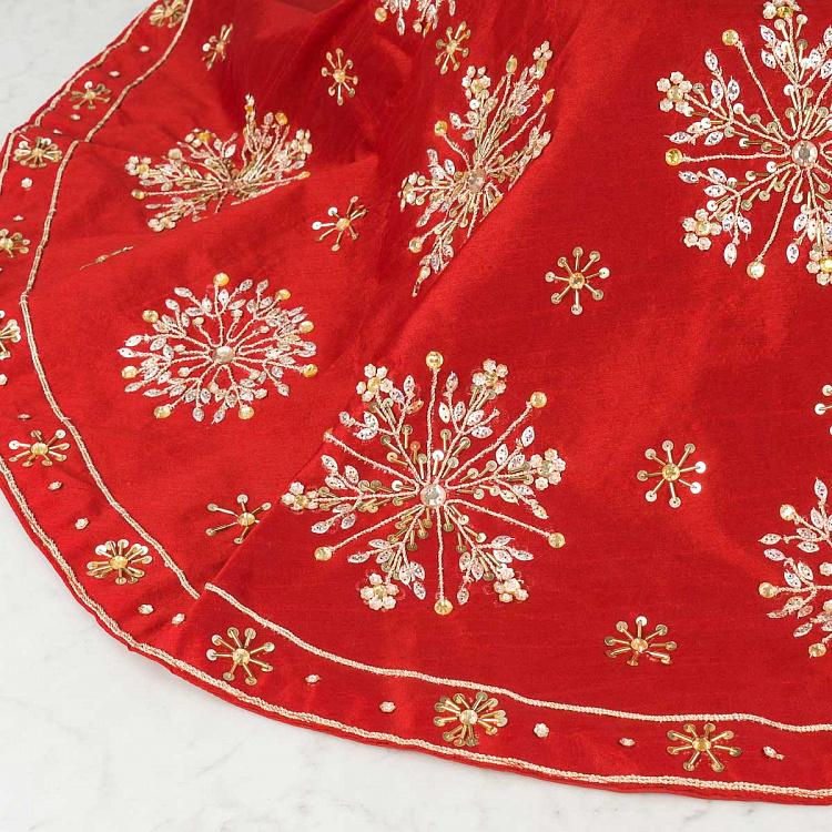 Красный коврик-юбка под ёлку с золотыми снежинками Golden Snowflakes Christmas Tree Skirt Red 106 cm