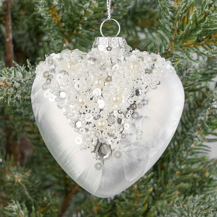 Ёлочная игрушка Белое матовое сердце с бусинами Glass Beaded Top Frosted Heart White 9 cm