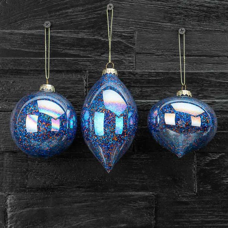 Набор из трёх синих ёлочных шаров с блёстками Set Of 3 Glass Glitter Balls Dark Blue 8 cm