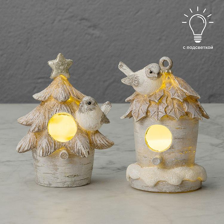 Набор из двух новогодних фигурок с подсветкой Скворечники Set Of 2 Led Birdhouses Cream 14,5 cm