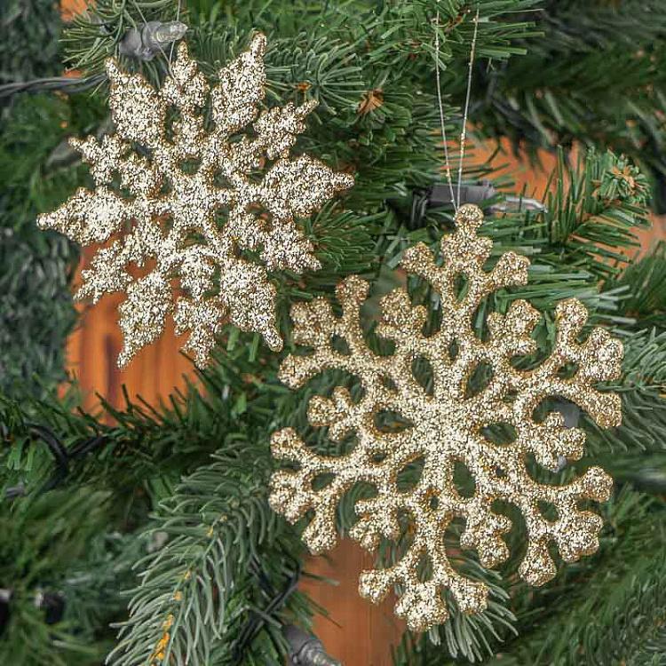 Набор из 2-х ёлочных игрушек Золотые снежинки с блёстками Set Of 2 Glitter Flat Snowflakes Gold 12,5 cm
