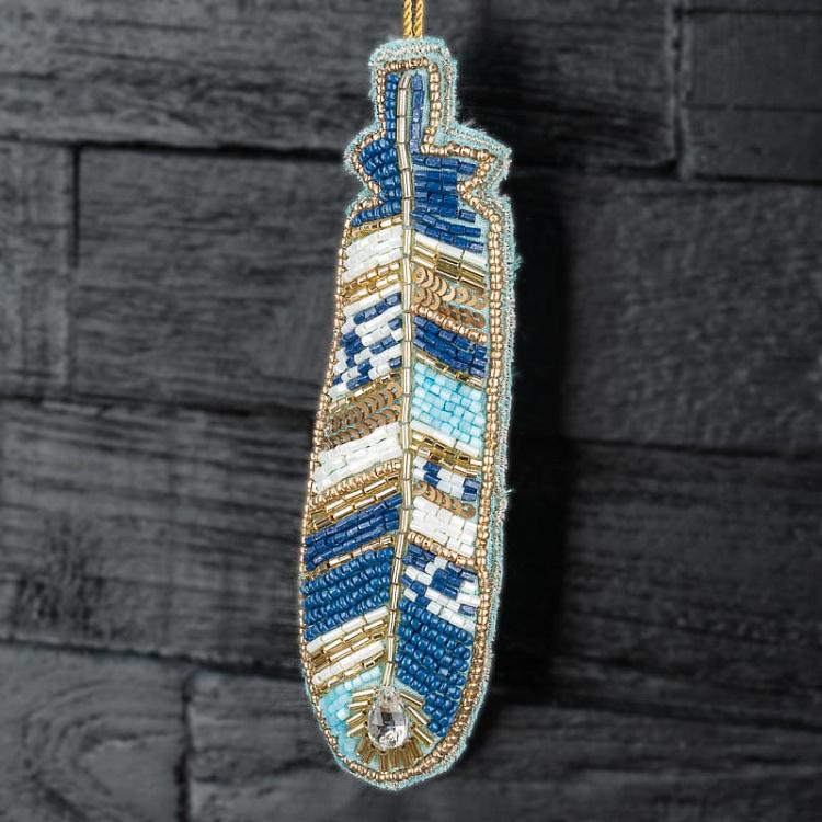 Ёлочная игрушка из бисера Голубое перо Feather Beads Blue 15 cm