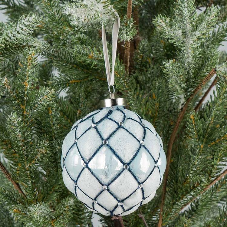 Ёлочная игрушка Клетчатый белый шар с бусинами Checkered Ball With Beads Blue 10 cm