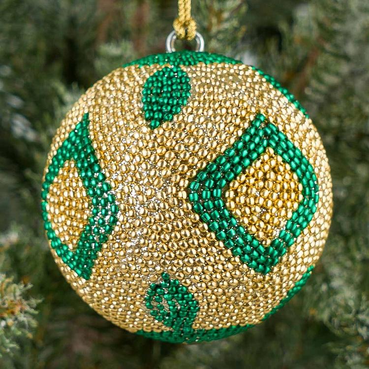Ёлочная игрушка Шар с узором из золотого и зелёного бисера, XS Beads Ball Gold And Green 7 cm