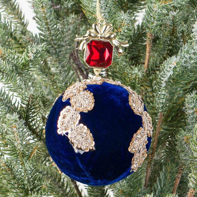 Gold Applique And Bead Velvet Ball Blue 15 cm