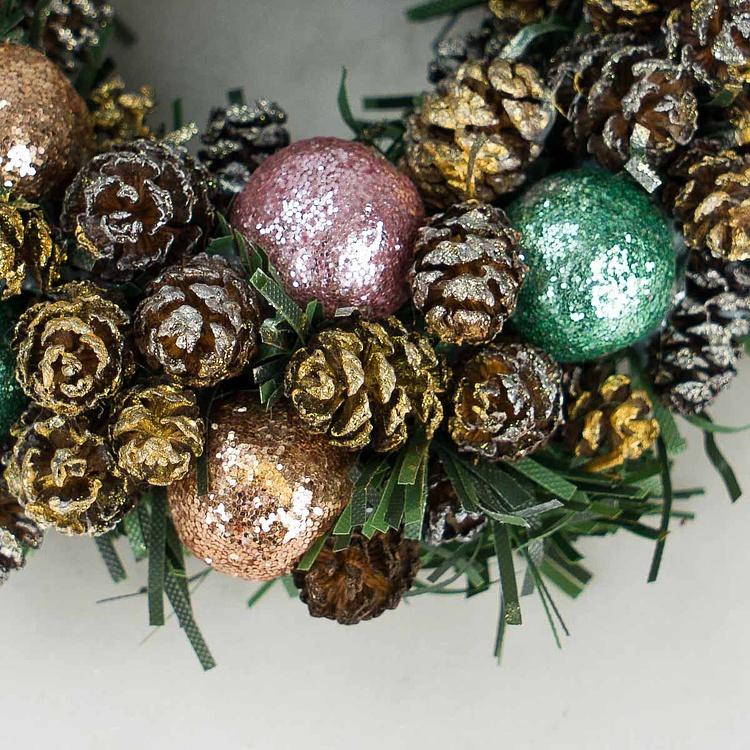 Новогодний венок с шишками и перламутровыми шарами, S Wreath Bagel Small
