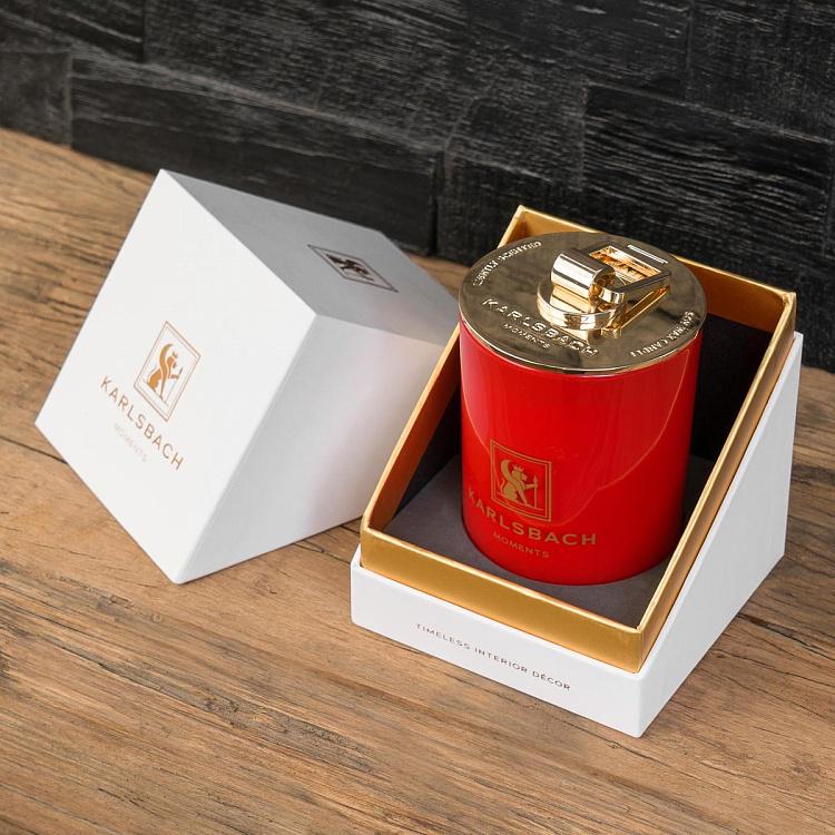 Арома-свеча в красном стакане с золотой крышкой Цветы апельсина Aroma Candle In Red Glass With Gold Lid Orange Blossoms