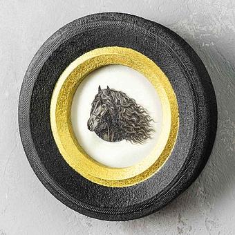 Black Horse Painting In Round Frame
