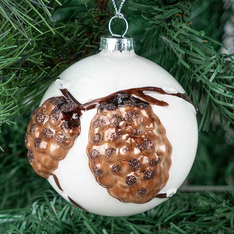 Белый ёлочный шар с коричневыми шишками Glass 3D Cone Ball 1 White/Brown 8 cm
