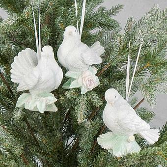 Set Of 3 Ice Doves With Roses White 11,5 cm