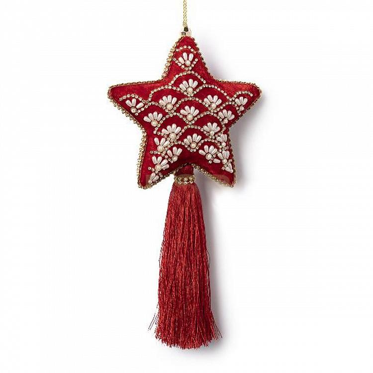 Pearl Ornament Red Velvet Star With Tassel 24 cm