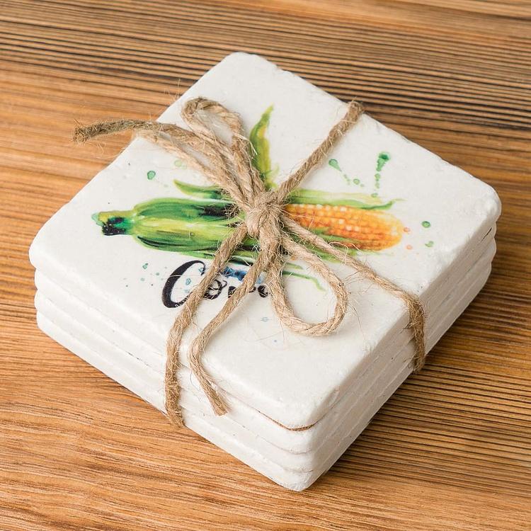 Набор из четырёх подставок под стаканы Овощи Set Of 4 Stone Coasters Vegetables