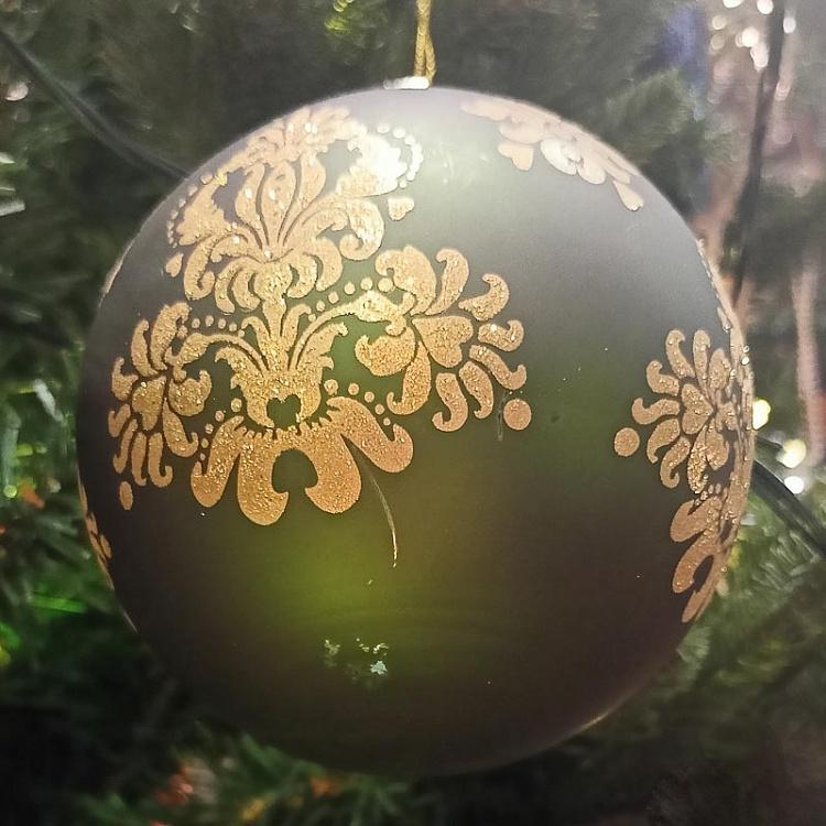 Зелёный ёлочный шар с золотым узором дисконт Glass Matte Glitter Brocade Ball Green 10 cm discount