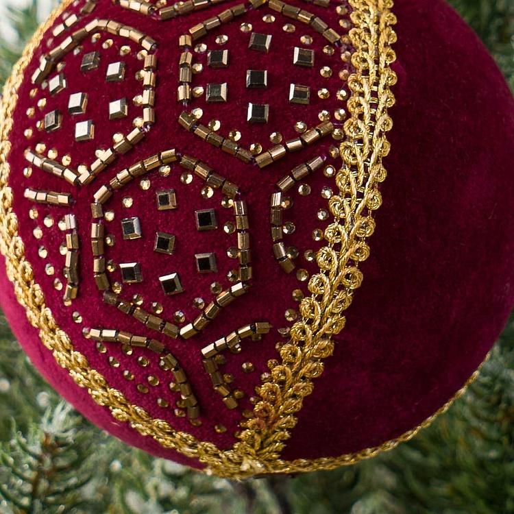 Ёлочная игрушка Бордовый текстильный шар с золотистым узором Gold Pattern Textile Ball Red 9 cm