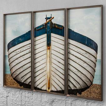 Set Of 3 Blue And White Boat, Pewter Frame