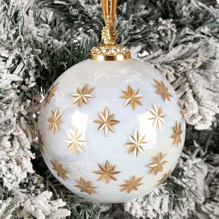 Ёлочная игрушка Белый шар с золотыми снежинками, L Gold Snowflakes Ball White 12 cm