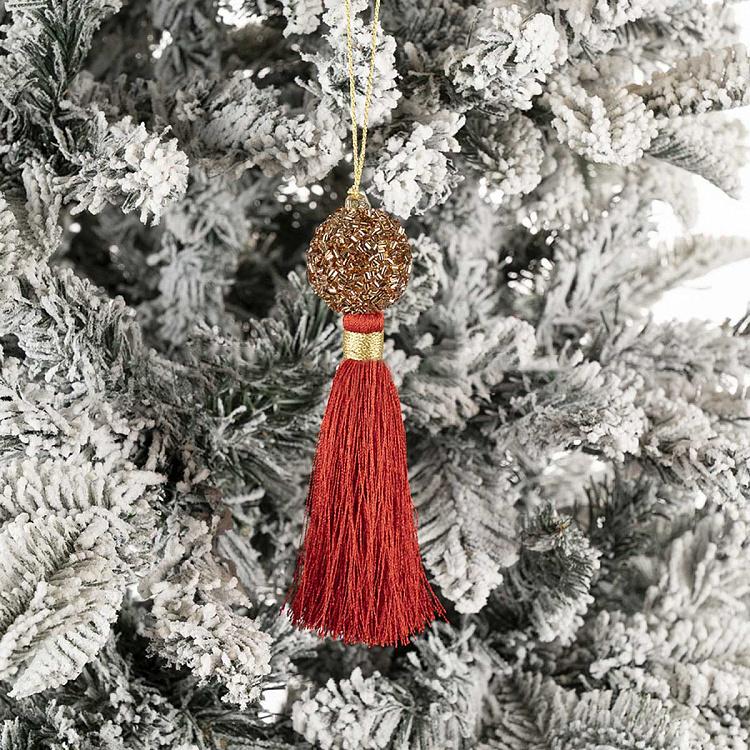 Новогодняя подвеска Красная кисточка с шаром из бисера Bead Ball Pendant With Red Tassel 16 cm