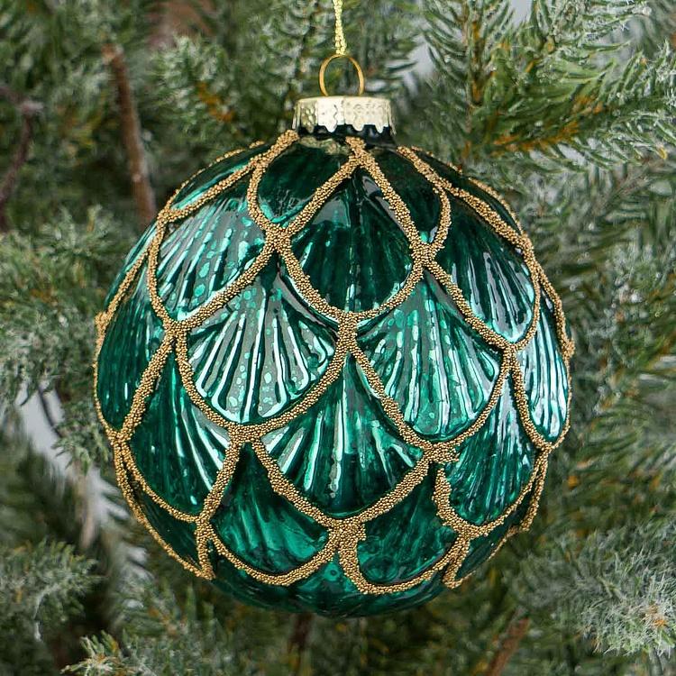 Зелёный ёлочный шар с золотым узором Шишка Glass Antique Pinecone Ball Green Gold 10 cm