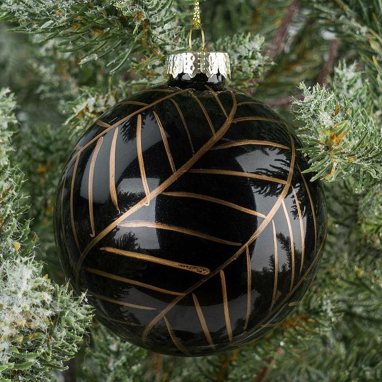 Ёлочный шар Золотые штрихи Glass Fishbone Gold Pattern Ball Black 8 cm