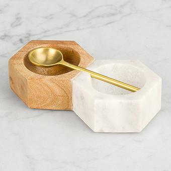 Set Of 2 Salt And Pepper Marble And Mango Wood