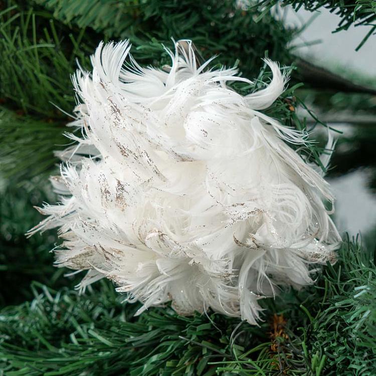 Ёлочная игрушка Белая роза из перьев на прищепке Feather Rose On Clip White 12 cm