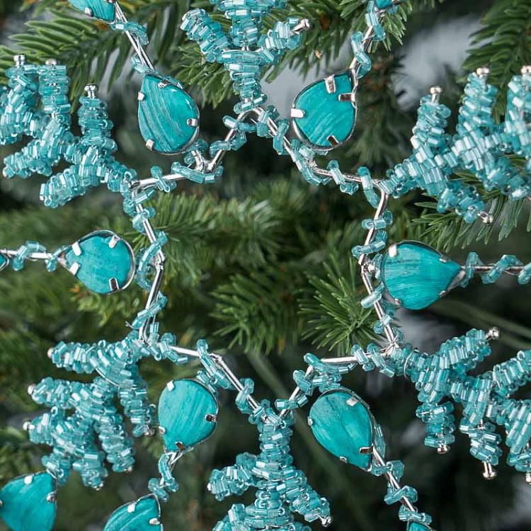 Ёлочная игрушка Серебристая снежинка с бирюзовыми стразами Turquoise Stones Snowflake Silver 19 cm