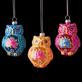 Set Of 3 Glass Dot Owls Blue-Pink 11 cm