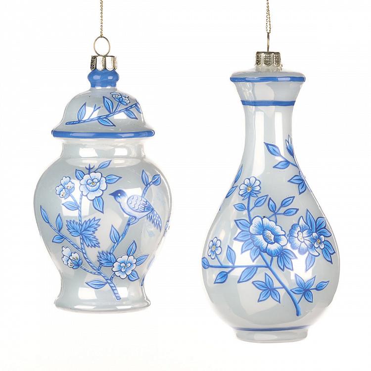 Набор из двух ёлочных игрушек Белая ваза с синим орнаментом Set Of 2 Glass Flower Vase White Blue 12,5 cm